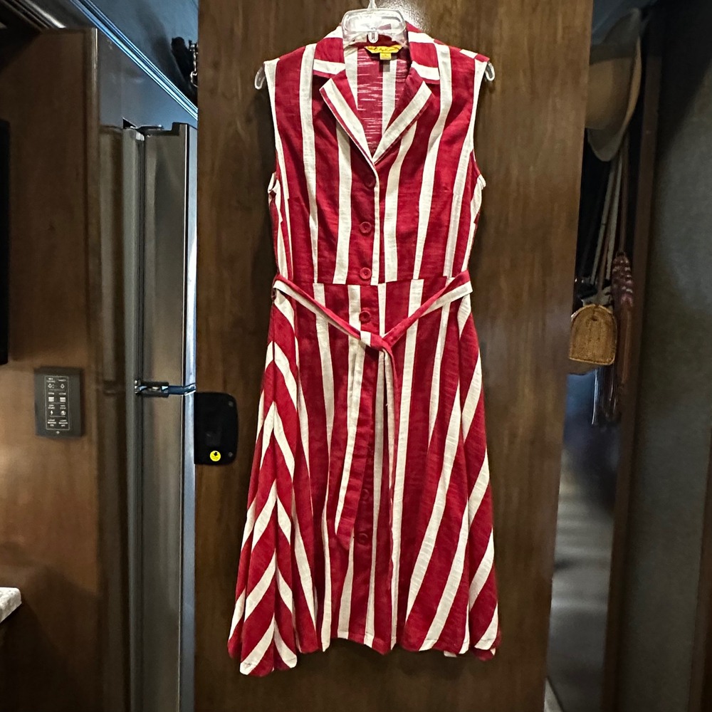 April Cornell Red‎ White Stripe Cotton Sleeveless Button Front Midi Dress M Chic